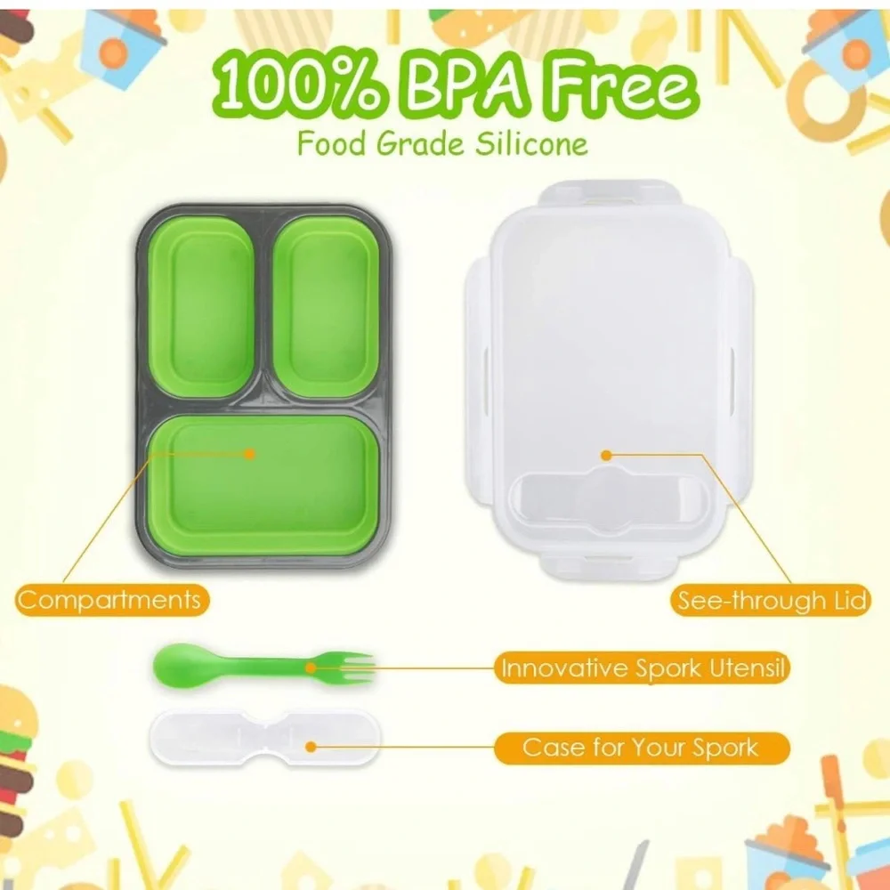 2sets Eco one Silicone Bento Box,Lunch Box storage organizer with 3 Compartments
